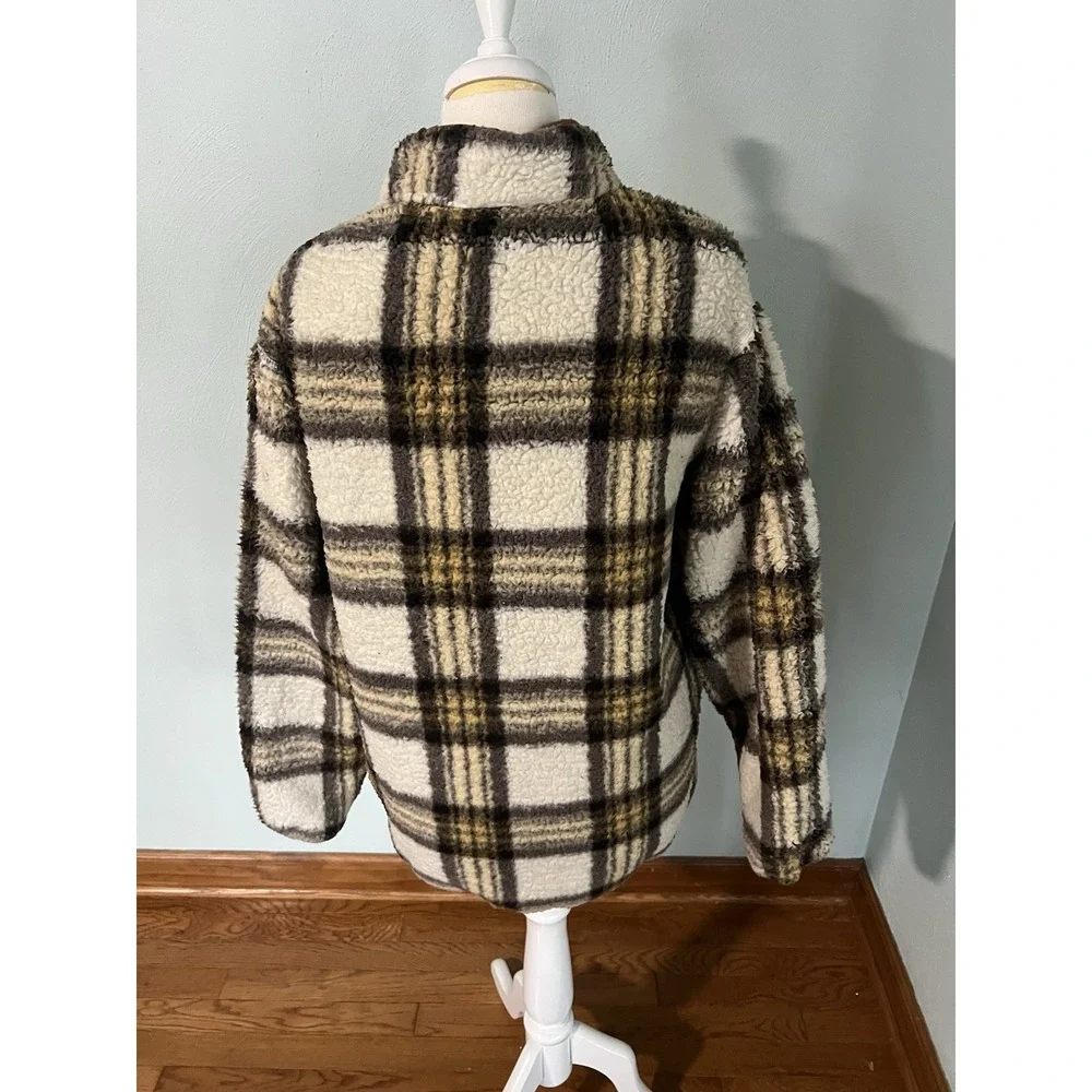 Home Free Plaid Sherpa Fleece Lined Pullover‎ Sweater Quarter Button Up NC Sz L